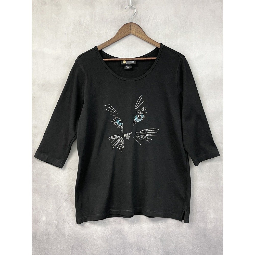 Christine Alexander Cat Rhinestone Top Women XL Stretch Kitty Bling Artsy Whimsy